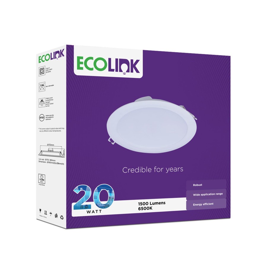 PROMO Lampu Downlight LED Ecolink 20W 20 Watt EDN020B Panel Light Hias Ib 7 inch D175 Ac 220v SNI Original  - Cool White (Putih)