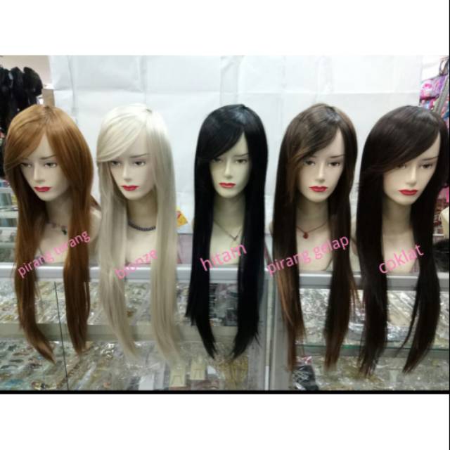 Wig panjang poni samping