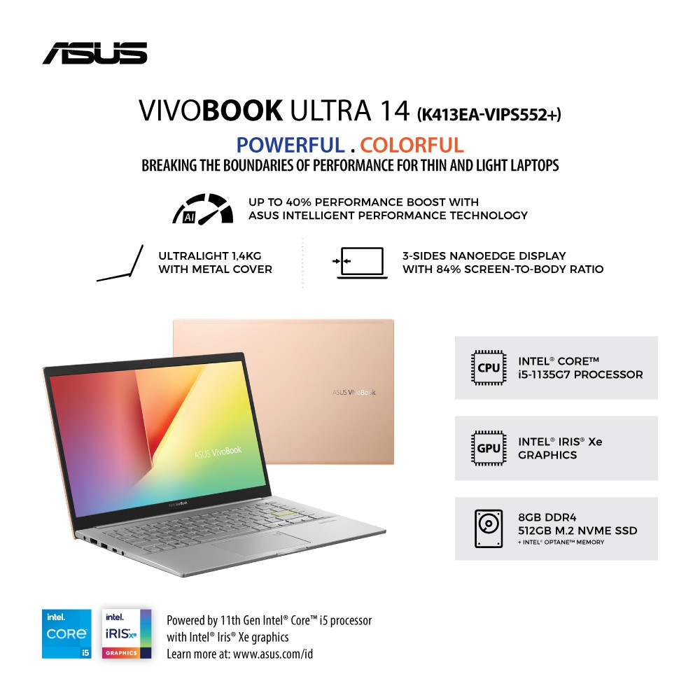 ASUS K413EA-VIPS552+ i5-1135G7/Intel® Iris Xe 80EU/8G/512G/OPTANE/VIPS/HEARTY GOLD/OPI/WIN 11