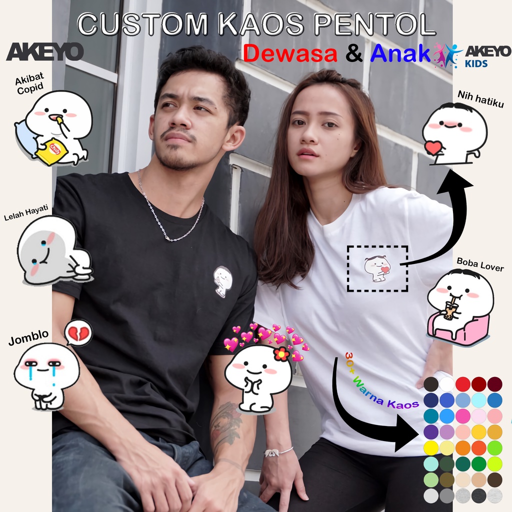 Akeyo Custom T-shirt Dewasa XS-XXL & Anak 1-10 Tahun Custom Kaos Pentol | 30+ Warna | Katun Combed 3