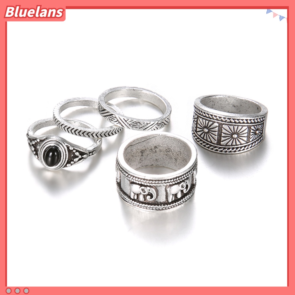 Bluelans 5Pcs Carving Elephant Round Stone Stacking Women Retro Knuckle Ring Jewelry