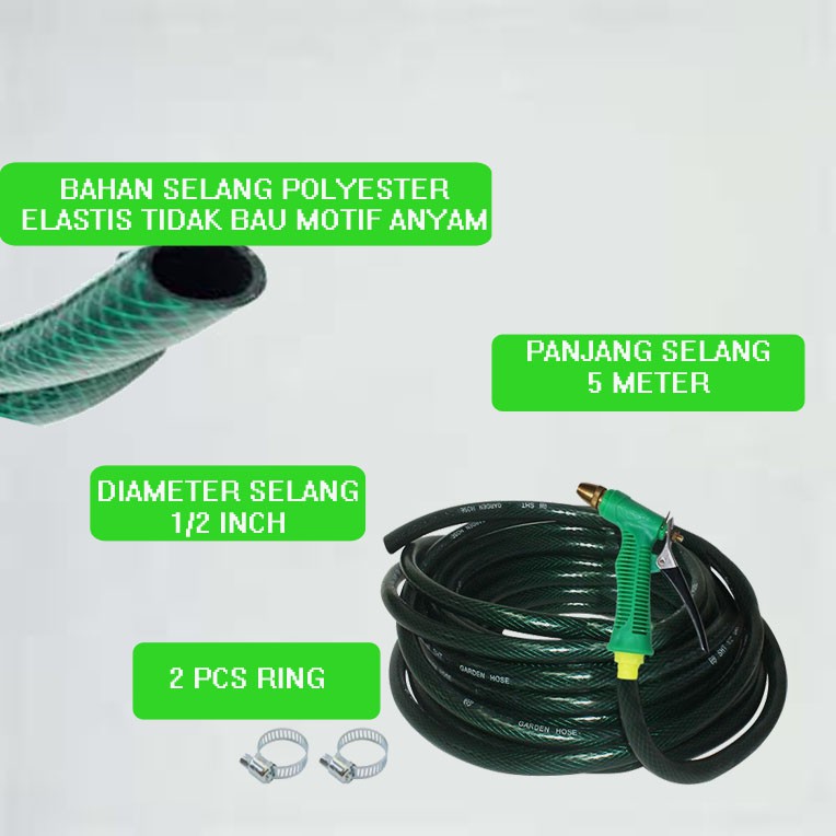 Paket Selang 1/2 Set Alat Cuci Motor Selang Air Serat Benang Hijau Semprotan Air Hose Nozzle - Selang Semprotan Air Cuci Motor