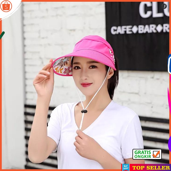 Topi Wanita Pink Pantai Senam Cewek Kekinian Visor Cap Fashion Perempuan Korea Motif Bunga Golf BEST K3