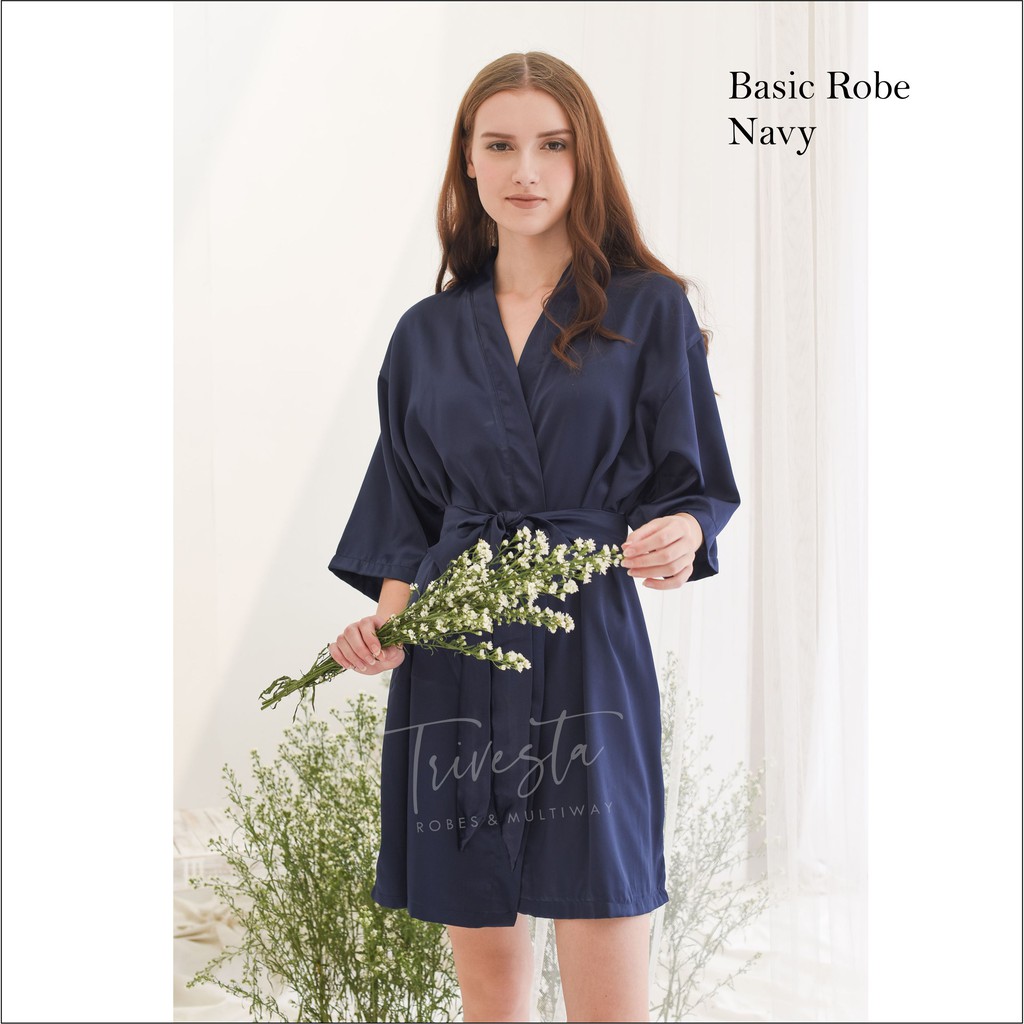 Trivesta Robes - Basic Robe Navy - Kimono Robe Bridesmaid Satin + Free Bordir (Tulisan Bebas Bisa Nama)