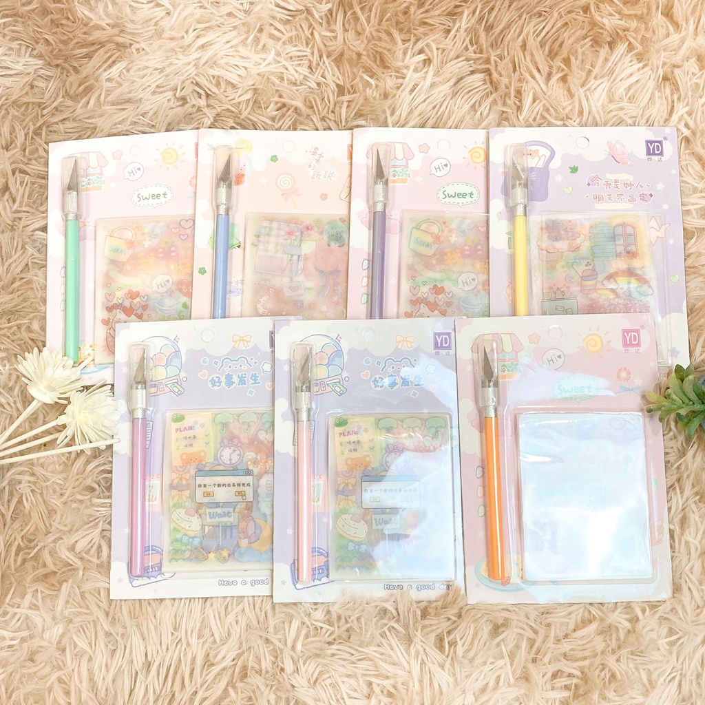 

1 SET ISI 6 PAKET SET STICKER TRANSPARAN GLITTER BONUS PISAU CUTTER YDXKKD01 TERMURAH READY GROSIR BISA COD