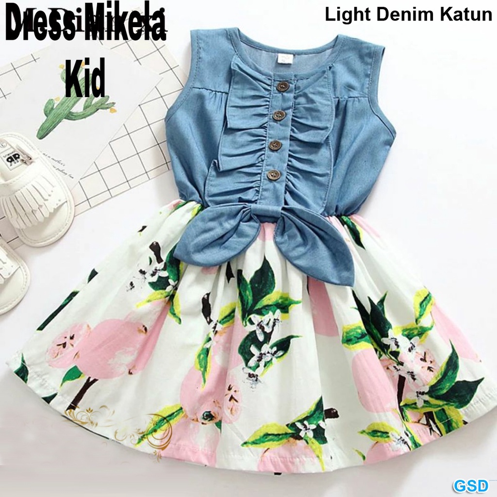 Dress Kids Mikaela/ Katun Denim Anak Perempuan / Dress Kenzi Bunga Bunga / Baju Jalan Jalan Anak