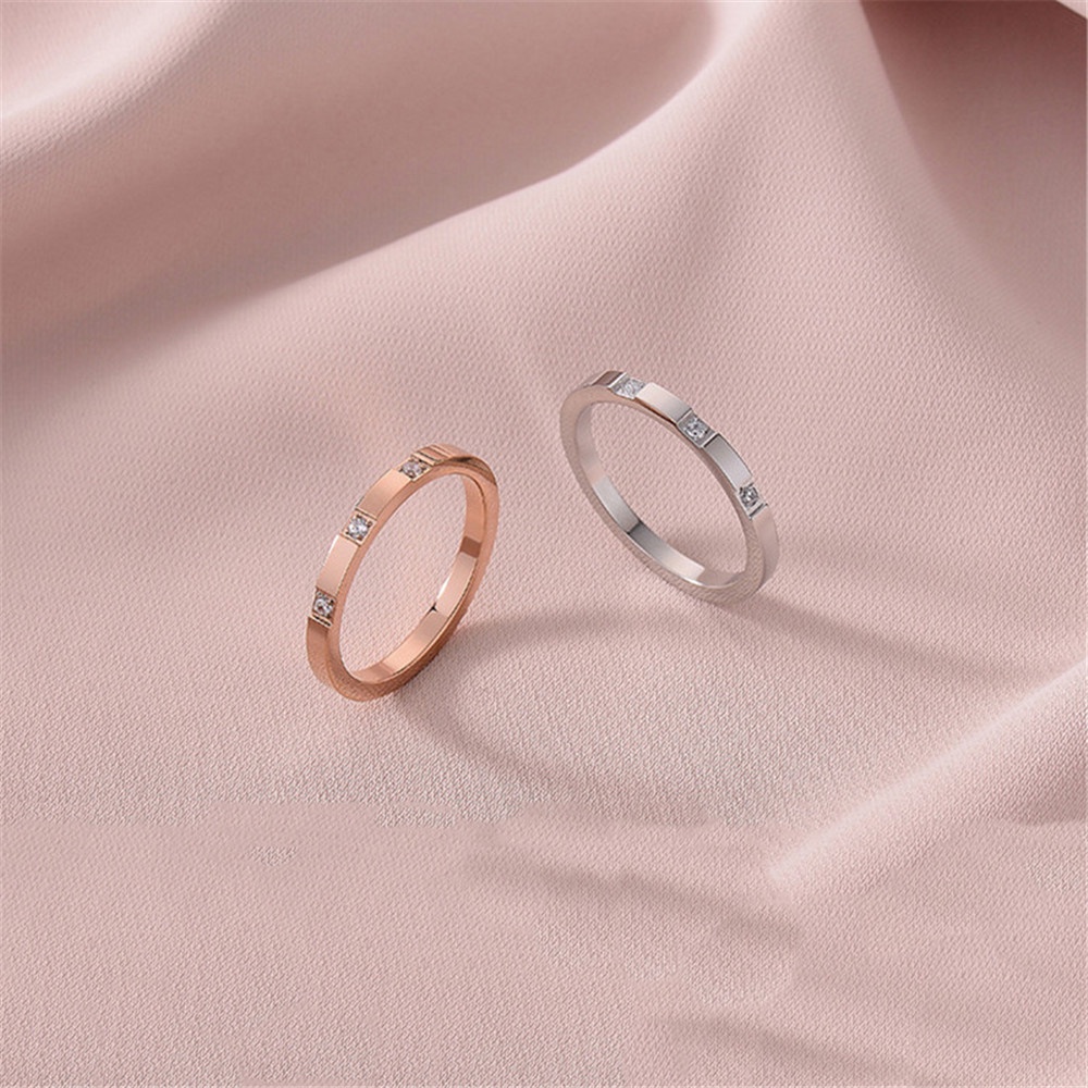 1 pcs Korea Titanium Steel Light Luxury Rose Gold Perak Berlian Pasangan Cincin Tipis untuk Pria dan Wanita