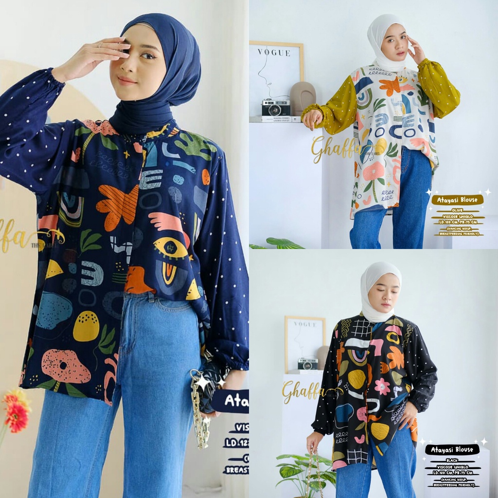 Atasan Kemeja Blouse Muslim Tunic Tunik Ghaffa Atayasi Motif Bunga Polkadot Abstrak best seller Kore