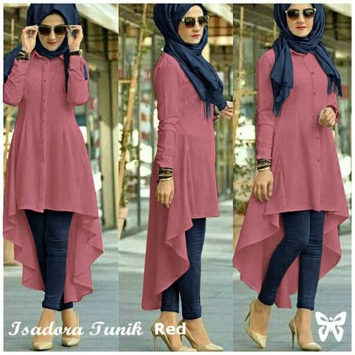 Baju Atasan Muslim Tunik Isadora Tunik Muslim Wanita Fashion Wanita - Merah Muda, L Exclusive