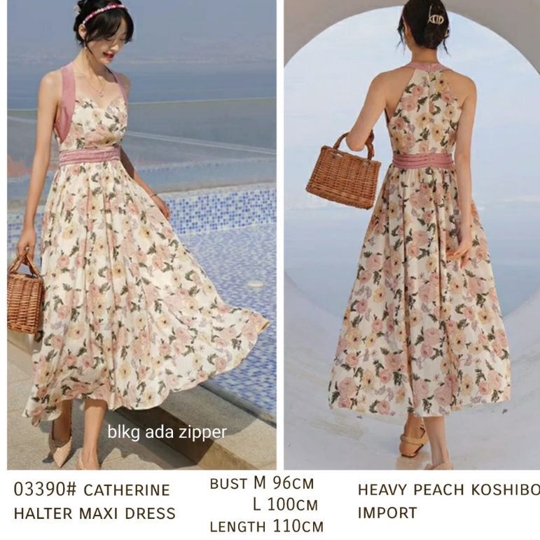 03390 Baju Maxi dress  panjang motif bunga peach santai pantai pesta elegan mewah import wanita mode