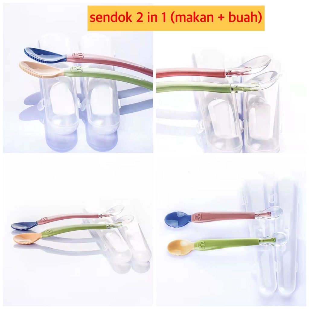 sendok 2 in 1 (makan + buah) SENDOK MAKAN BAYI ANAK SENDOK BUAH SENDOK KEROK BUAH SENDOK BAYI Sendok makan bayi / sendok silikon / Peralatan Makan Bayi Sendok makan bayi silikon lentur / baby safety spoon Sendok Makan Bayi Silikon lembut bisa dengan Kotak