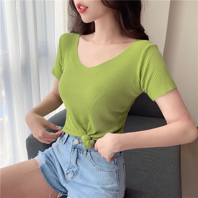 Korean V-Neck T-Shirt Wanita Rajut Lengan Pendek//atasan rajut wanita murah