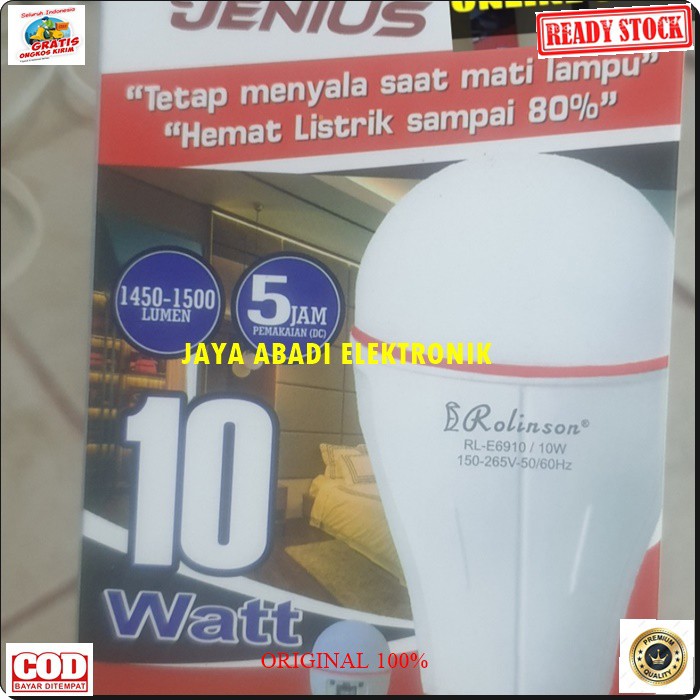 G501 LAMPU EMERGENSI 10 WATT EMERGENCI EMERGENCY LED DARURAT BATERAI CAS 18650 AC DC MAGIC LAMP BOHLAM SINAR TERANG ROLINSON PENERANG 10 WATT ASLI TAHAN 5 JAM  Lampu emergency New Rolinson jenius 10 Watt bisa ganti baterai free 1 Bonus : Baterai