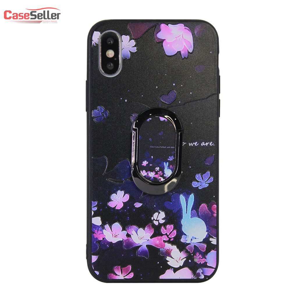 CaseSeller - iPhone 6G / 7G / 8G / X  TPU Bunga + Ring Holder Hard Case