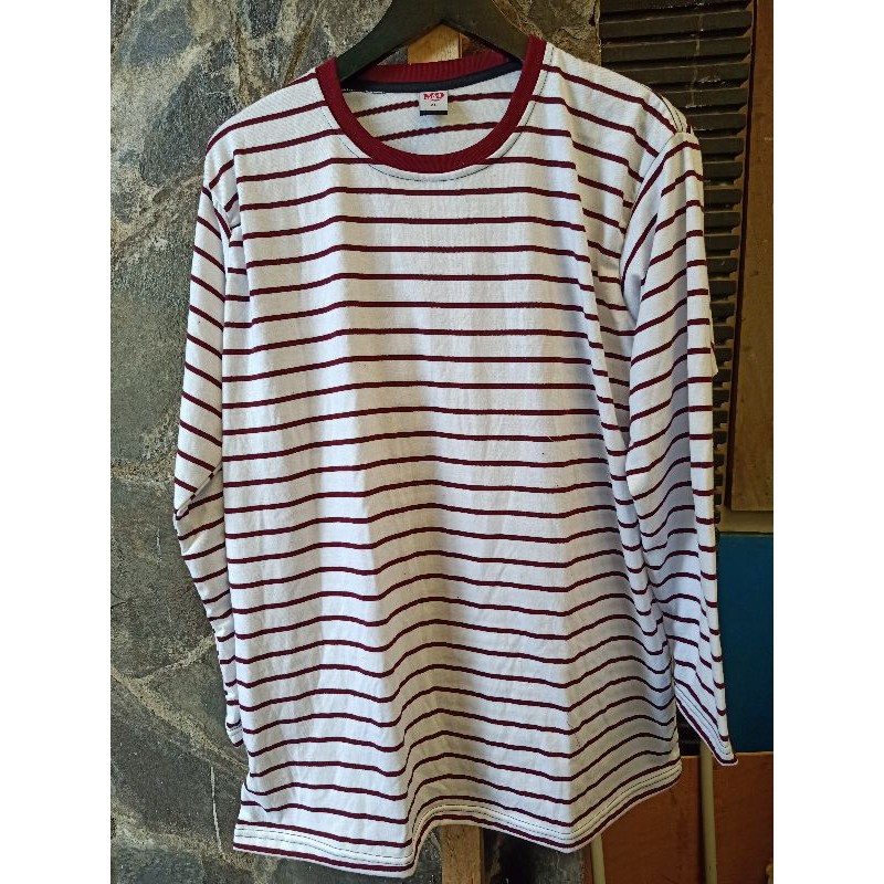 kaos stripe putih marun kecil lengan panjang size S-5XL