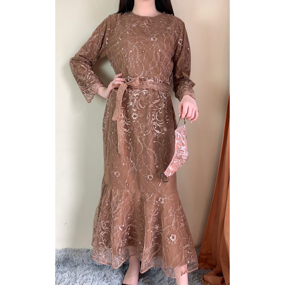 Ken-237 Busana Gamis Long Dress kondangan Muslim Hijab Wanita Dress Pesta Korean Look Model Duyung Premium Full Tulle High Quality-Coklat