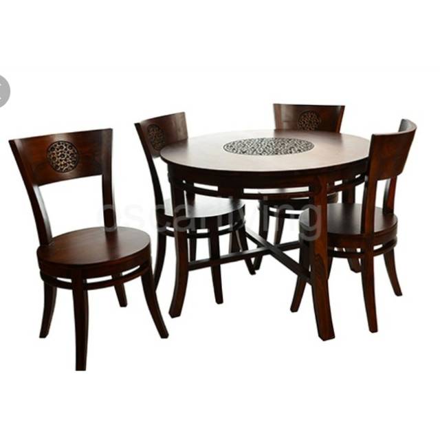 Meja makan minimalis cantik bulat ukir kerang 4 kursi mebel jati jepara