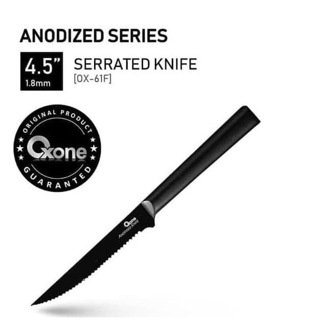 Oxone OX-61F Serrated Knife Knife Stainless Steel Pisau Dapur, Pisau Sayur Full Black Anodized