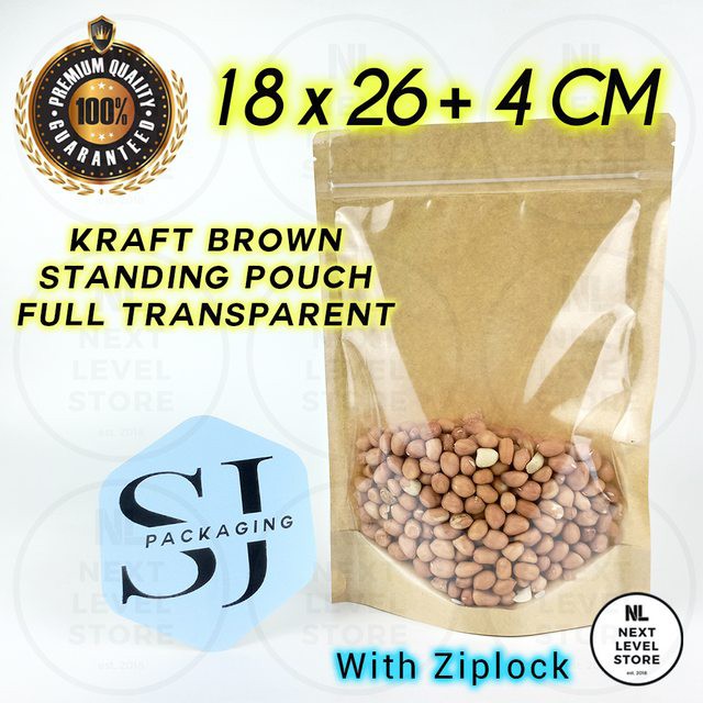 Standing Pouch Kraft Brown 18x26+4cm Full Transparent Ziplock Flat