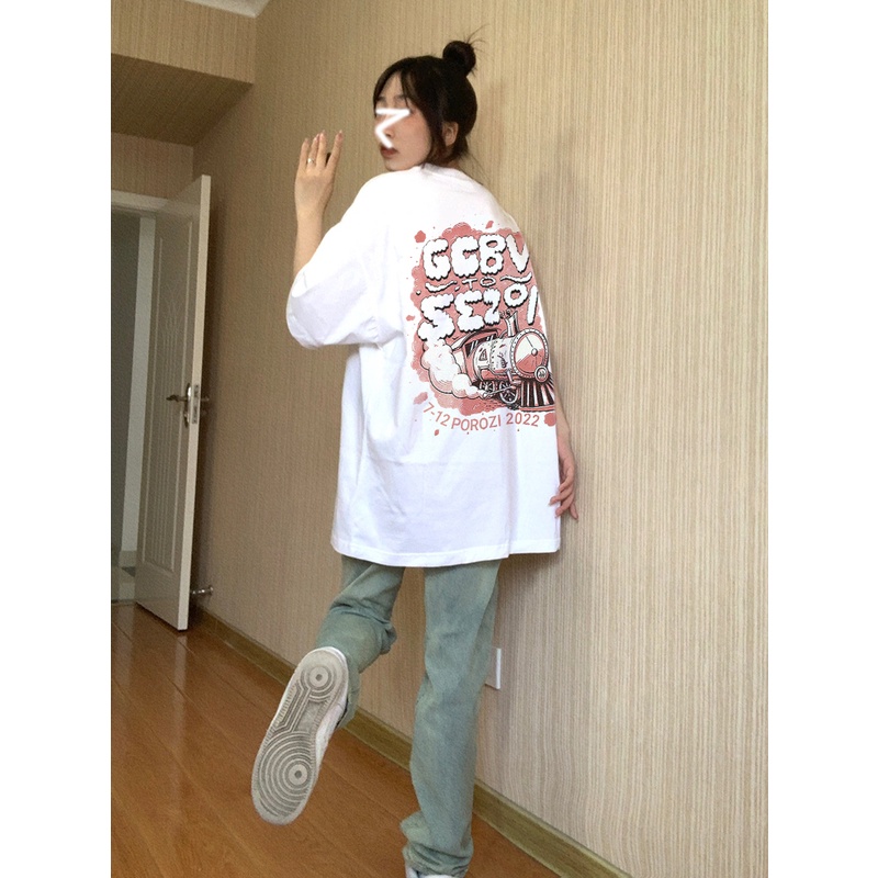 EUNII T-shirt Lengan Pendek Kartun Kereta Pencetakan Longgar Korean Style/Kaos Atasan Wanita/Baju Kaus Oversize Wanita