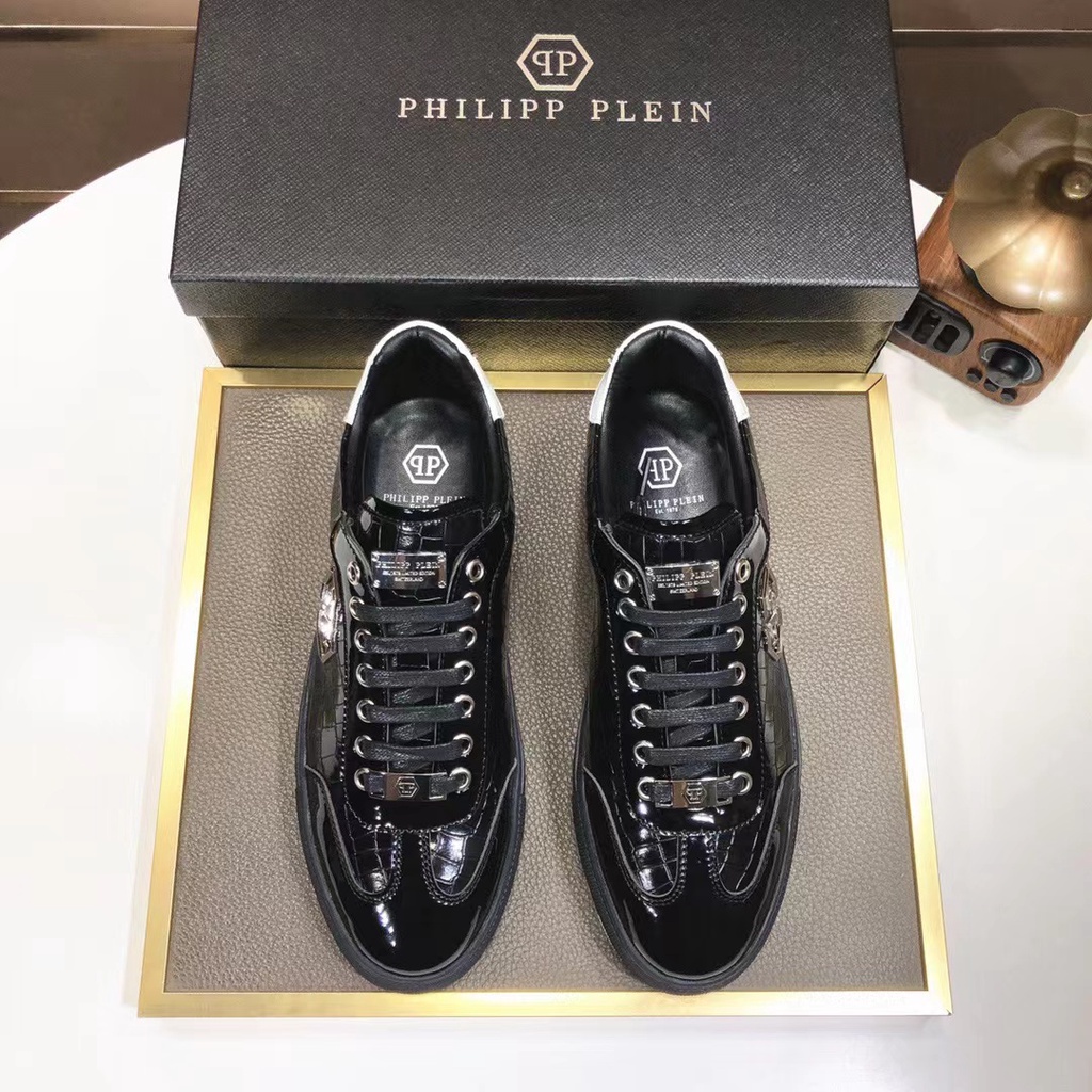 sepatu philipp plein sneaker pria hitam pp mirror men shoes run away black leather p1shoes