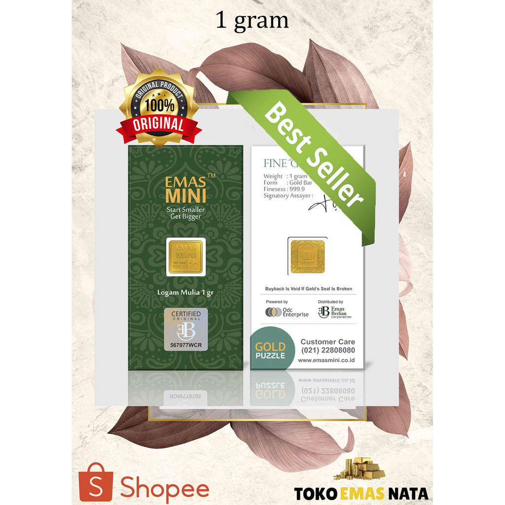 Emas Mini, Logam Mulia, Emas Murni 1 gram 24 Karat, Bersertifikat + Kwitansi, Kadar 99.99