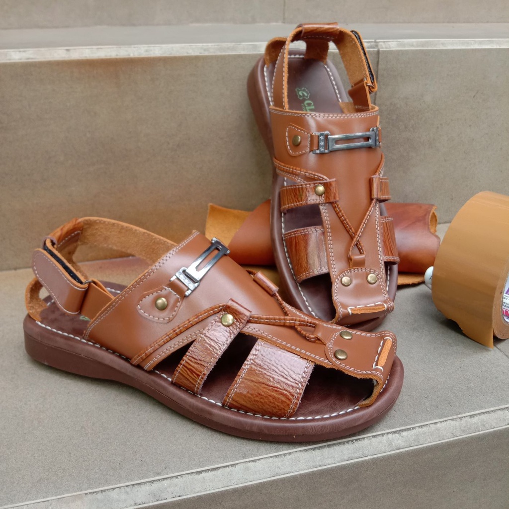 Sandal Sepatu Tali Belakang Brongsong Pria Dewasa Kulit Asli Sendal Gunung Klasik Berkualitas