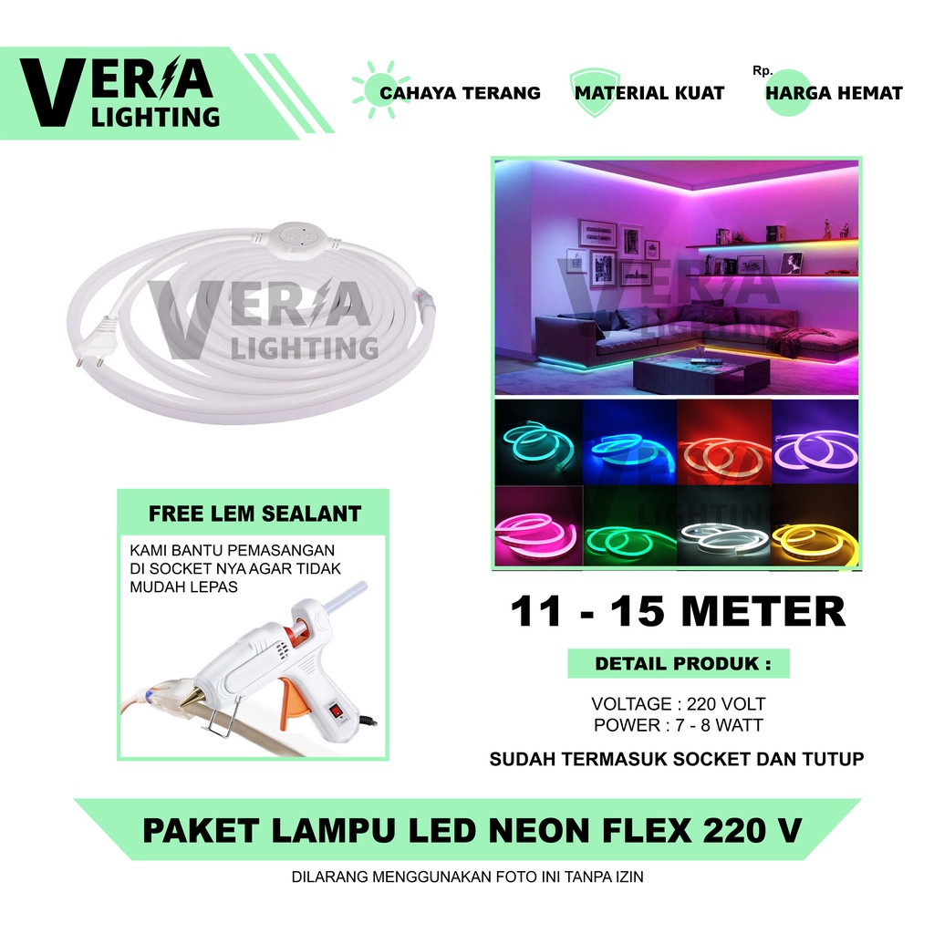 Paket Siap Colok 11-15 Meter Neon Flex LED Strip Lampu Selang Flexible