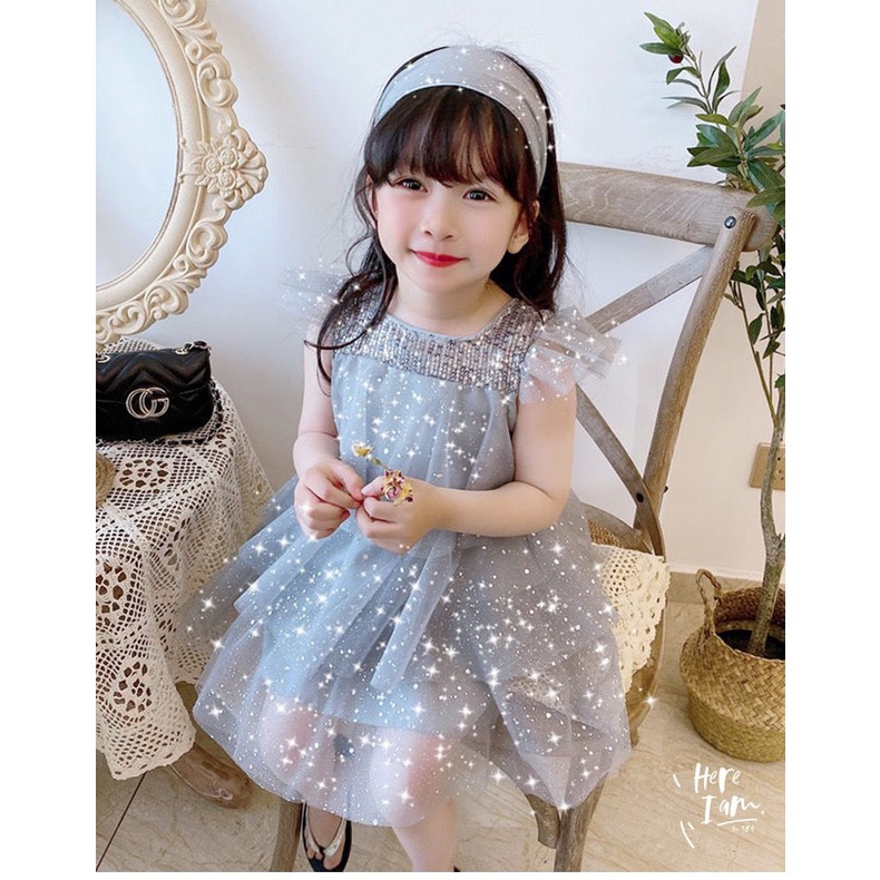 Dress Pesta Anak Perempuan Warna Grey Motif Layer Glitter