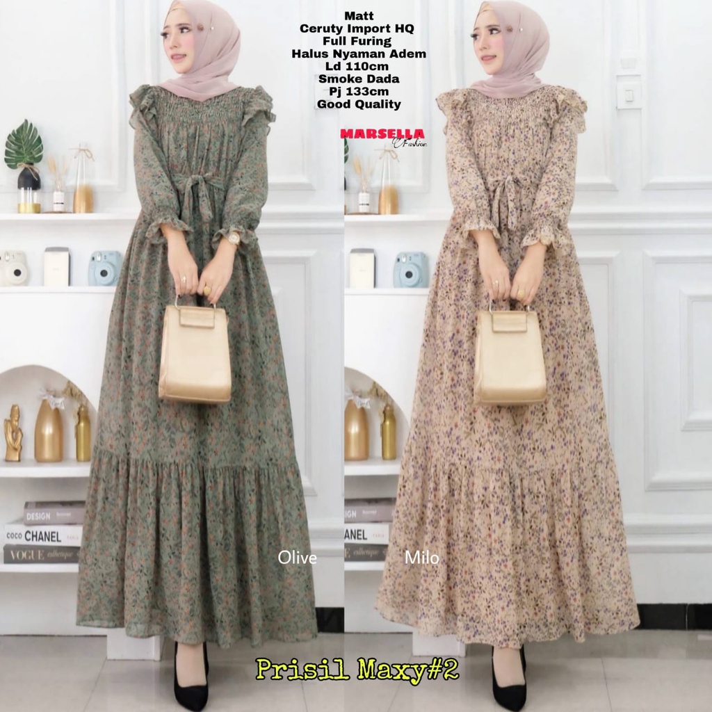 RESTOK prisil maxy by marsella ld 110 allsize fit xl-xxl gamis bahan ceruty import motif full furing
