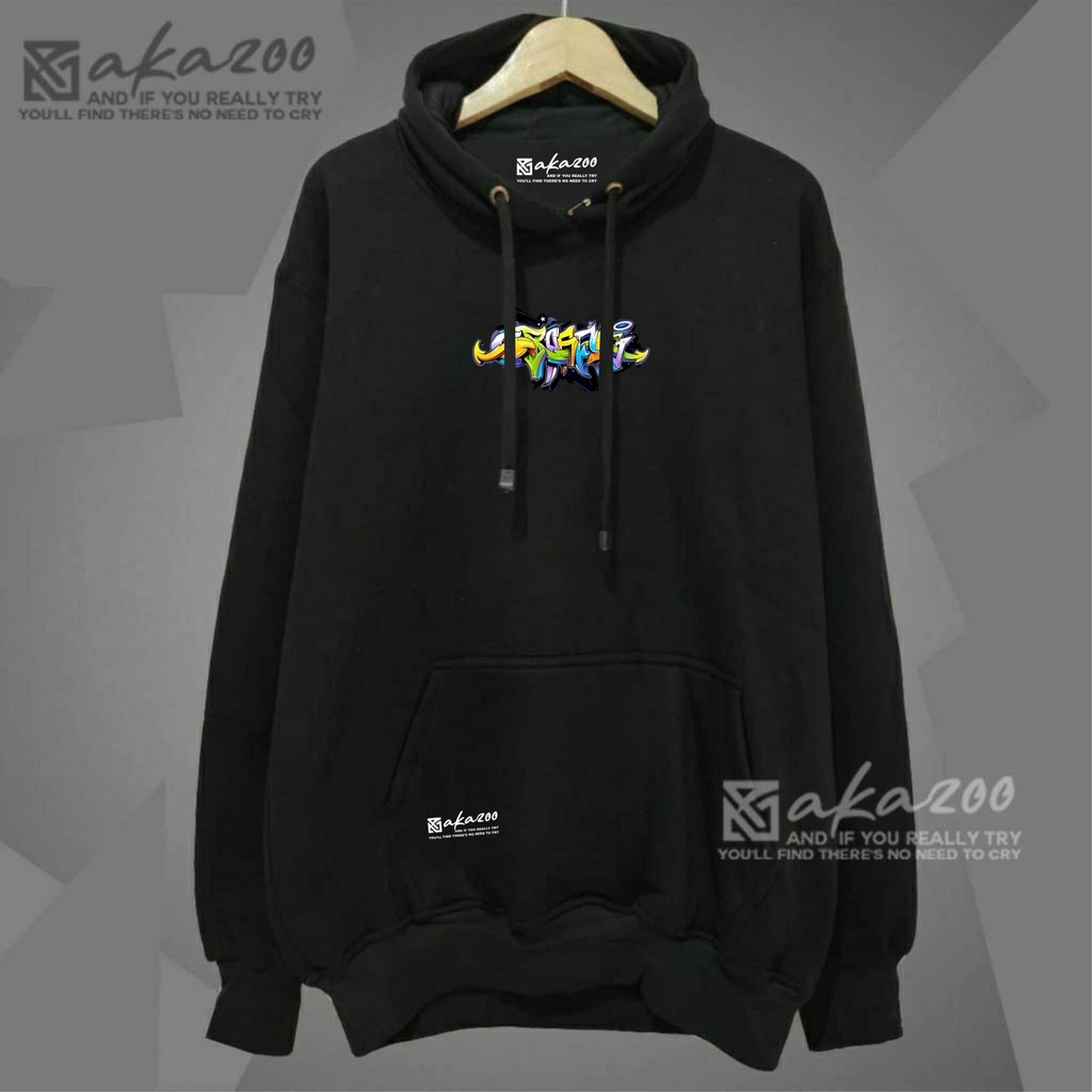 hoodie cowok distro premium keren Warna hitam merek akazoo GRAFICT sablon putih Motif polos dan prins dan huruf gaya atletis korean street style Bahan katun jenis Lengan Panjang  Musim Dingin  hoodie oversize pria korean style  zipper hoodie polos pria