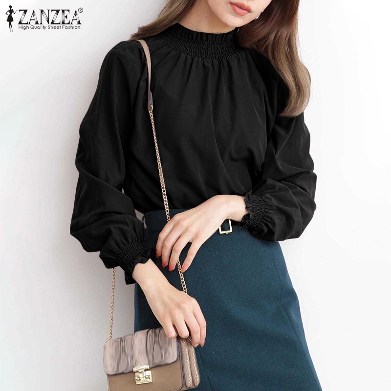 ZANZEA Retro Women Fashion Tops Blouse Solid Color Full Sleeve Turtleneck Casual Holiday Shirt