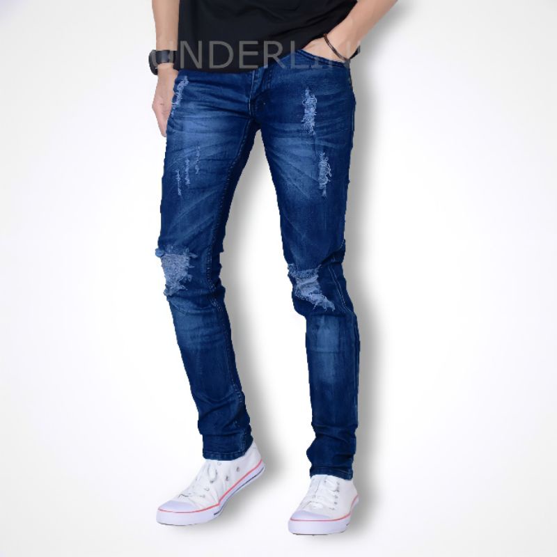 Celana Levis Pria Denim Distro Ripped Hitam Panjang Jeans Robek Pensil Slimfit Sobek Jumbo Original 