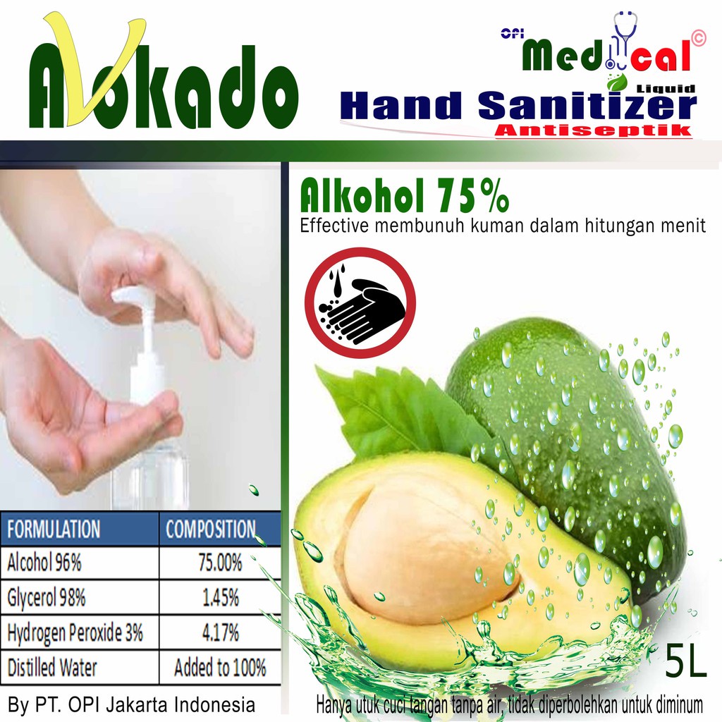 hand sanitizer 5 liter cair avocado wangi buah alpukat segar akohol 70% tidak lengket KEMENKES sudah ada izin edar resmi by Oke sabun suplayer