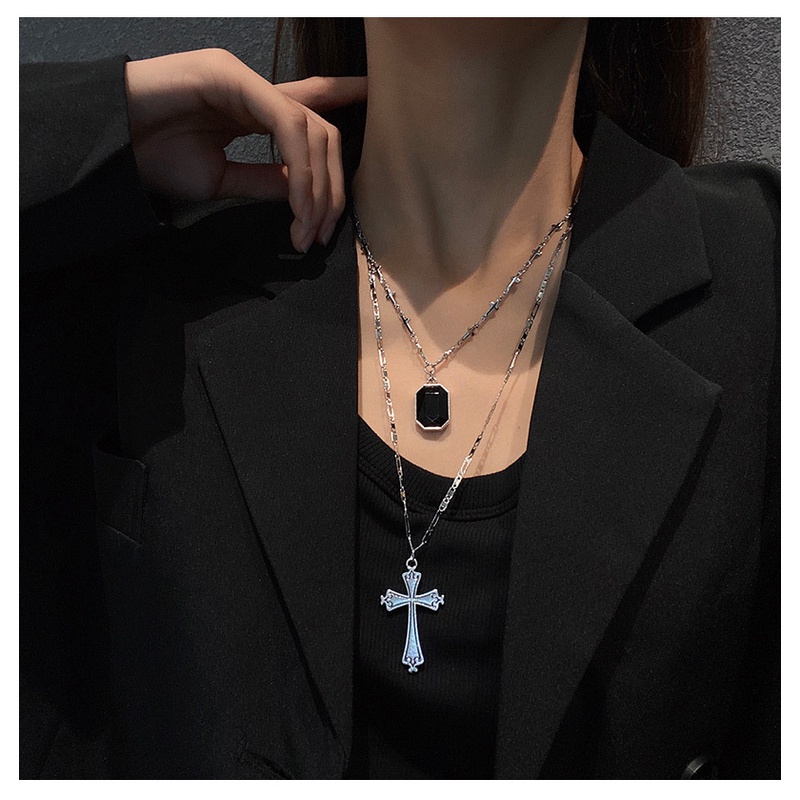 Black Diamond Cross Multilayer Necklace Accessories Personality Street Hip Hop Clavicle Chain