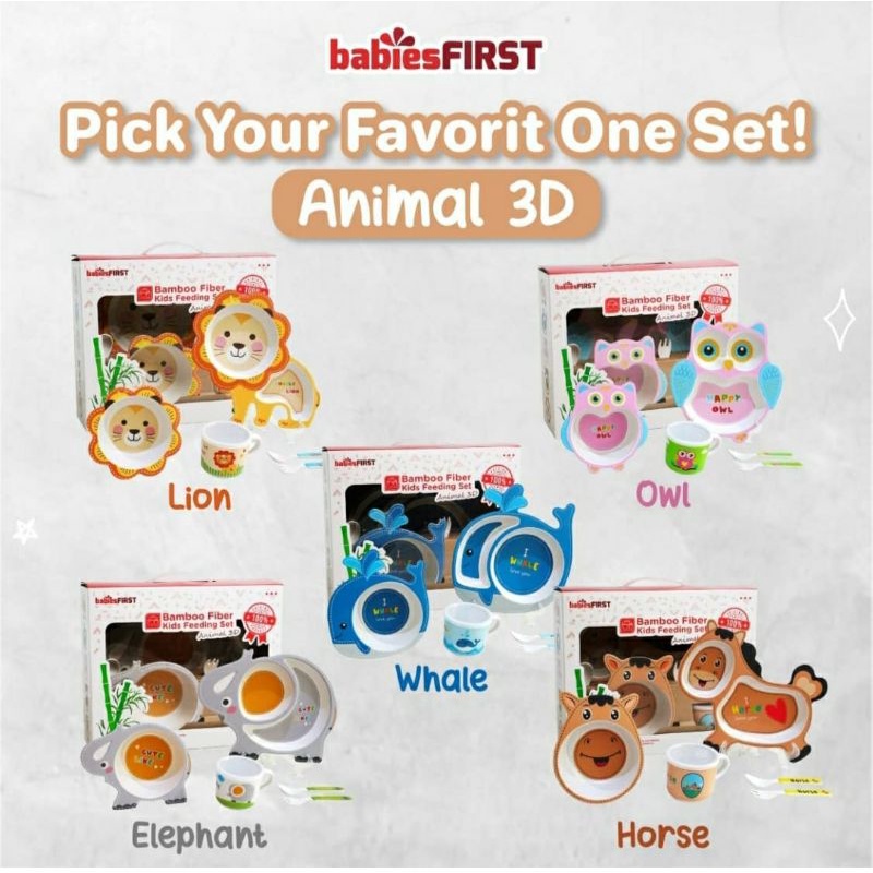 BABIESFIRST Bamboo Kids Feeding  Set  3D Alat Makan Anak Karakter Animal / Car / Zoo