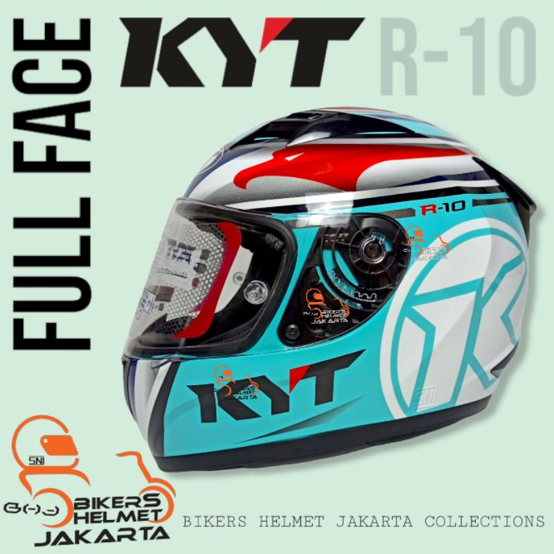 KYT HELM R10 FLAR VISOR SUPER FLUO #1 AQUA BLUE RED FLUO FULL FACE