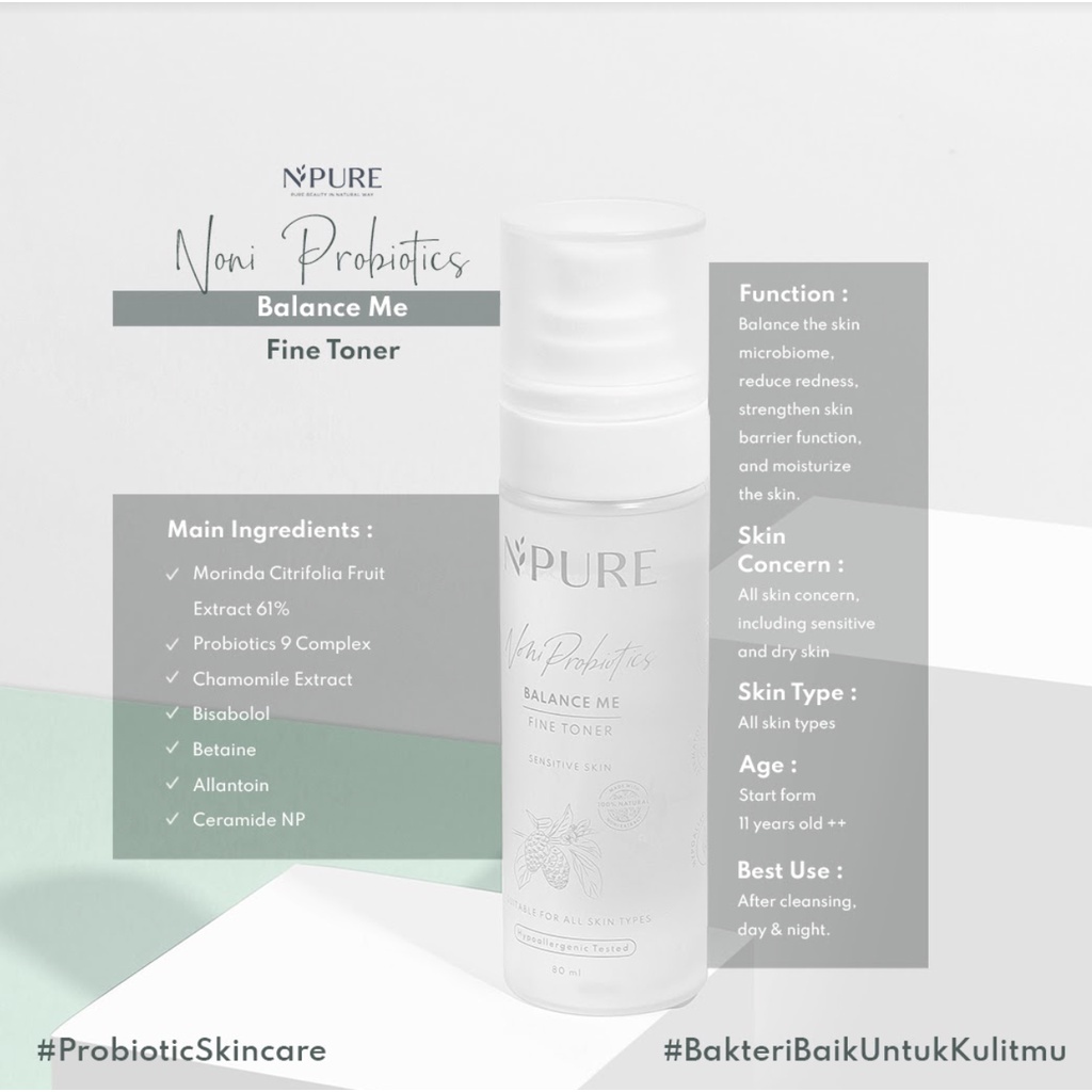 new Npure Noni Probiotics skin type sensitive Balance Toner Calm me dawn apoule Hydrate me Lotion BPOM