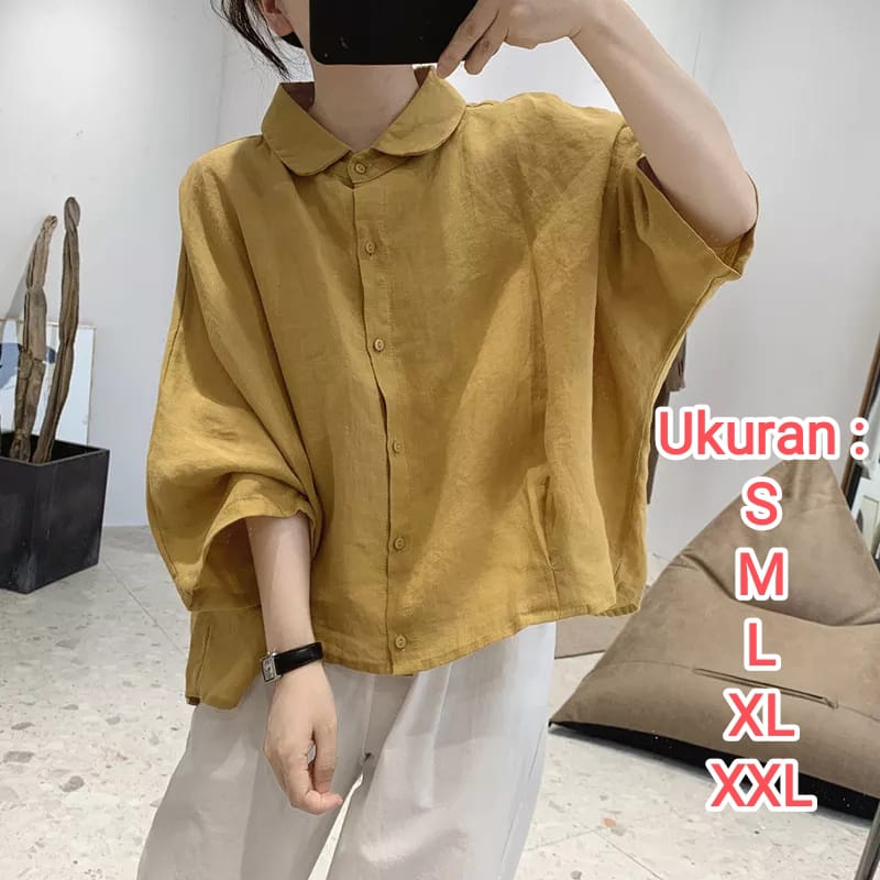 Glow Top  Kemeja Creinkle Oversize Wanita Crinkle Blouse Pakaian Atasan Cewek Korea Style Kemeja Wanita Atasan Jumbo Blouse Big size Pakaian Wanita Over Size S M L XL XXL XXXL 5L