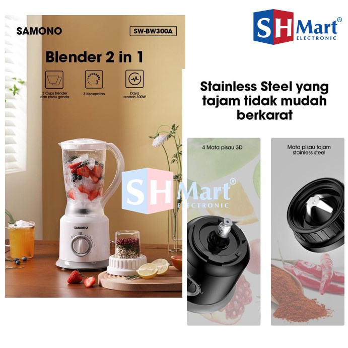 BLENDER PLASTIK MULTIFUNGSI 2 IN 1 BLENDER BUMBU PISAU GANDA KAPASITAS 1.5 LITER SW-BW300B SW-BB300B  SAMONO GARANSI RESMI (MEDAN)