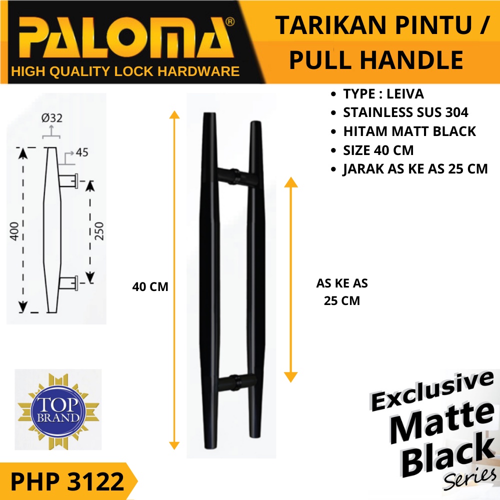 PALOMA TARIKAN GAGANG  LEIVA HANDLE PINTU 40 CM PHP 3122 HITAM BLACK MATTE