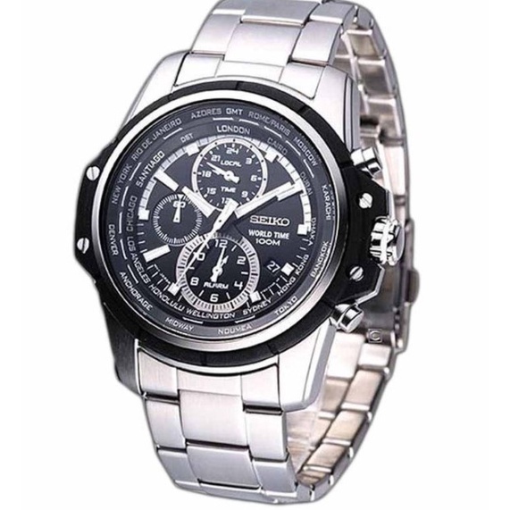 Jam Tangan Seiko SPL039P1 Chronograph World Time Silver Black