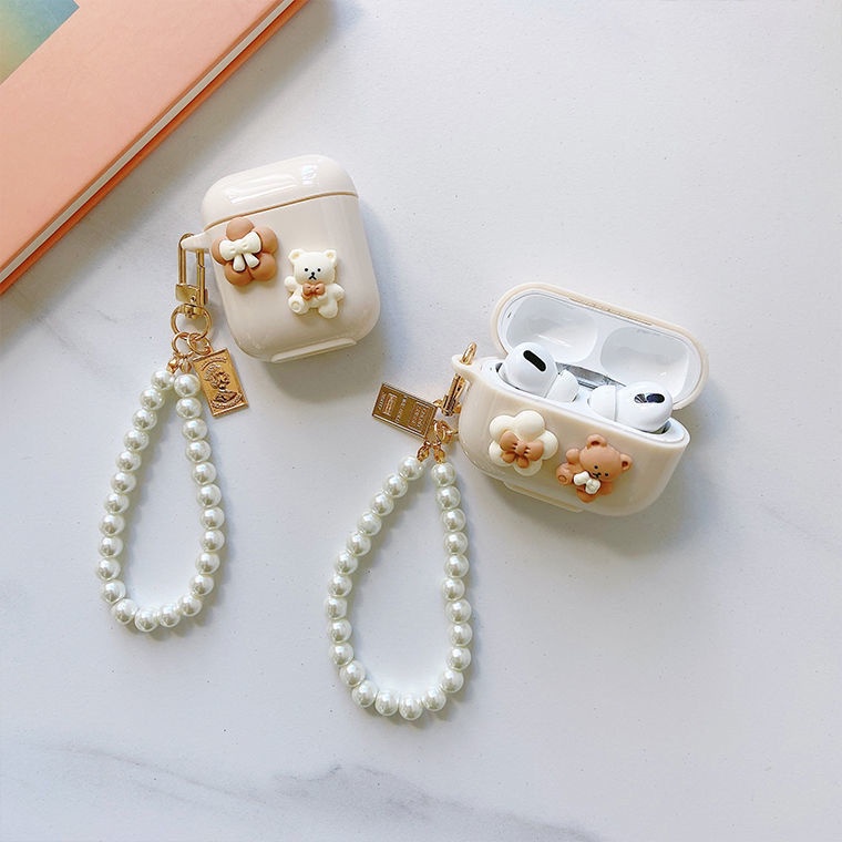 Casing Strap Bear+ Mutiara Kartun Lucu Kompatibel Untuk Airpods1/2 Pro Case Soft TPU