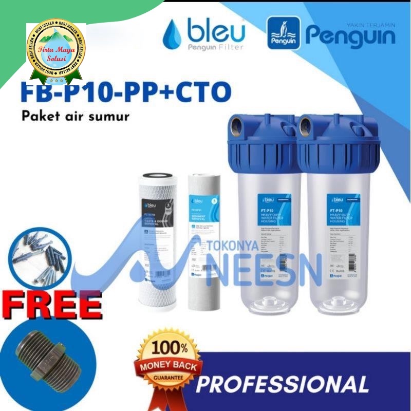 Paket filter air sumur toren Penguin 10 inch PP + CTO PRO drat kuningan