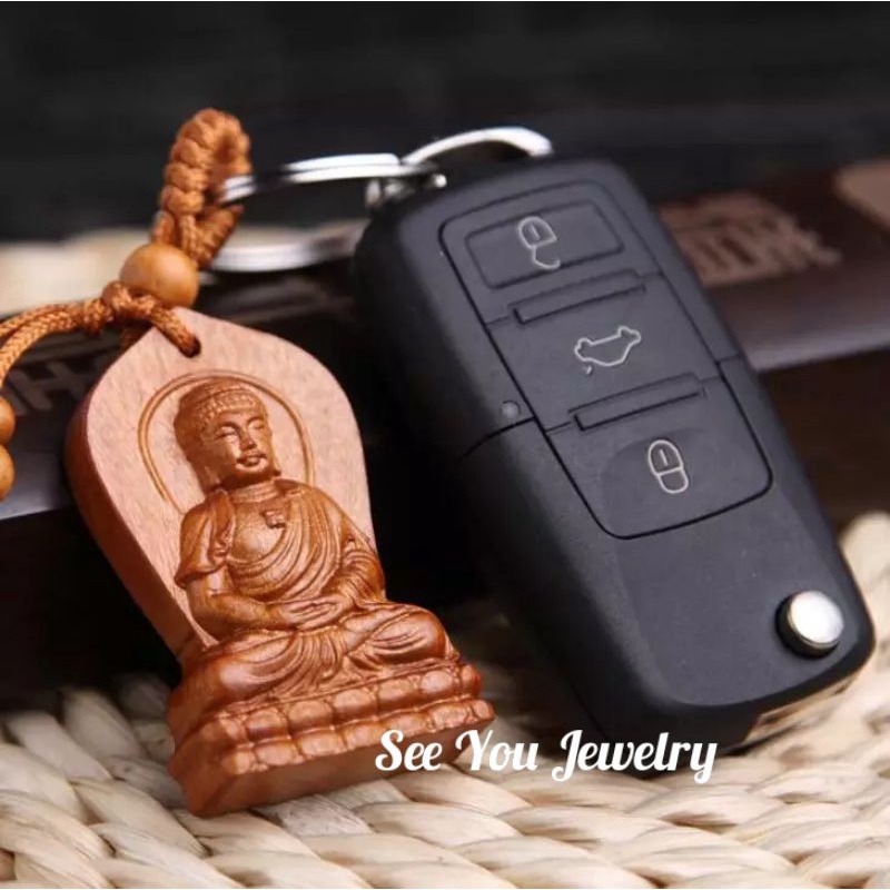 Gantungan Kunci Mobil / Motor / Rumah Buddha Sidharta Gautama dari Kayu Alami Impor