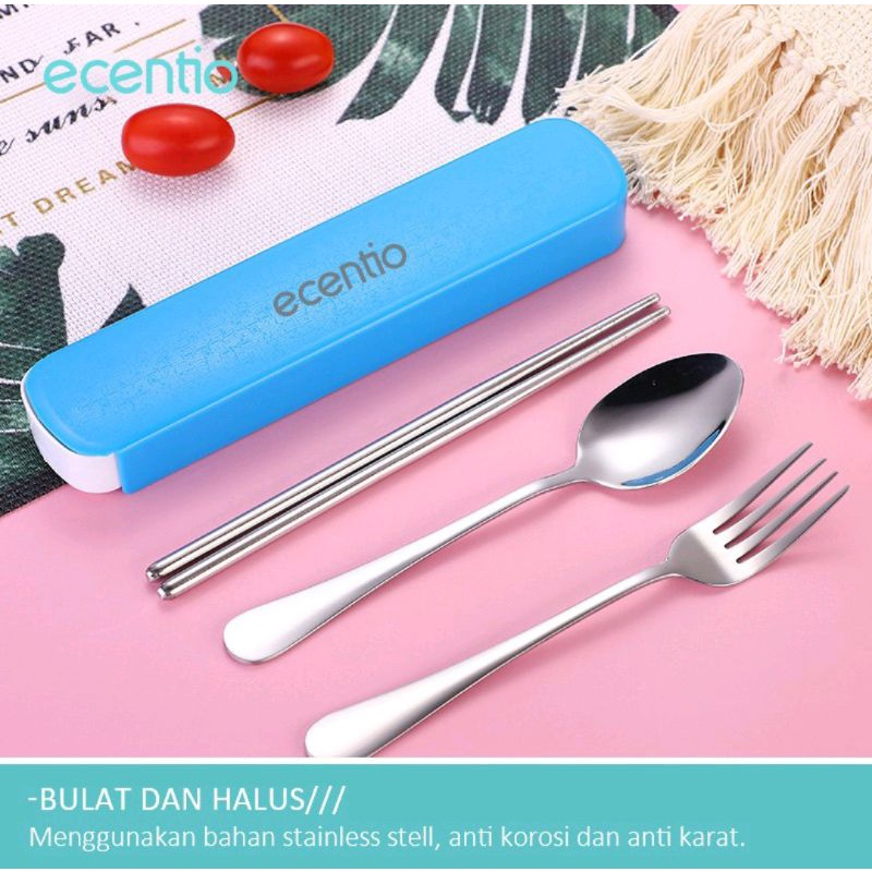 Ecentio Stainless Steel Set 3Pcs Alat Makan Sendok Garpu Sumpit / Spoon Fork Chopsticks alat makan set lengkap dengan wadah penyimpanan