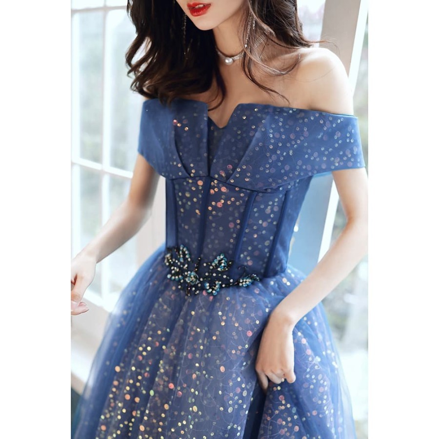 Gaun Pesta Biru Navy Sabrina Party Dress Gown evening party mc singer dress