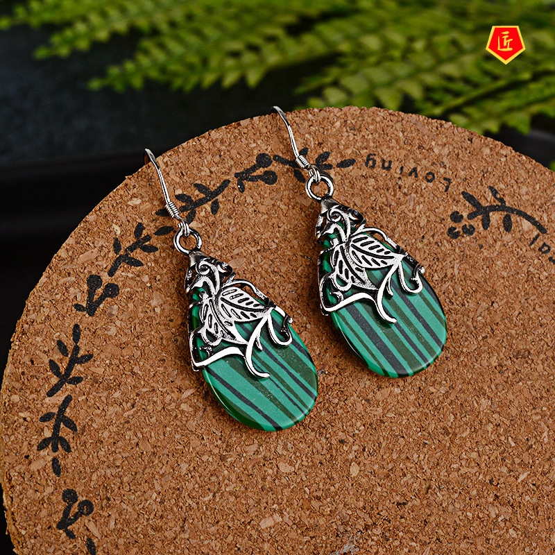 [Ready Stock]Creative Green Striped Shell Earrings Vintage Silver