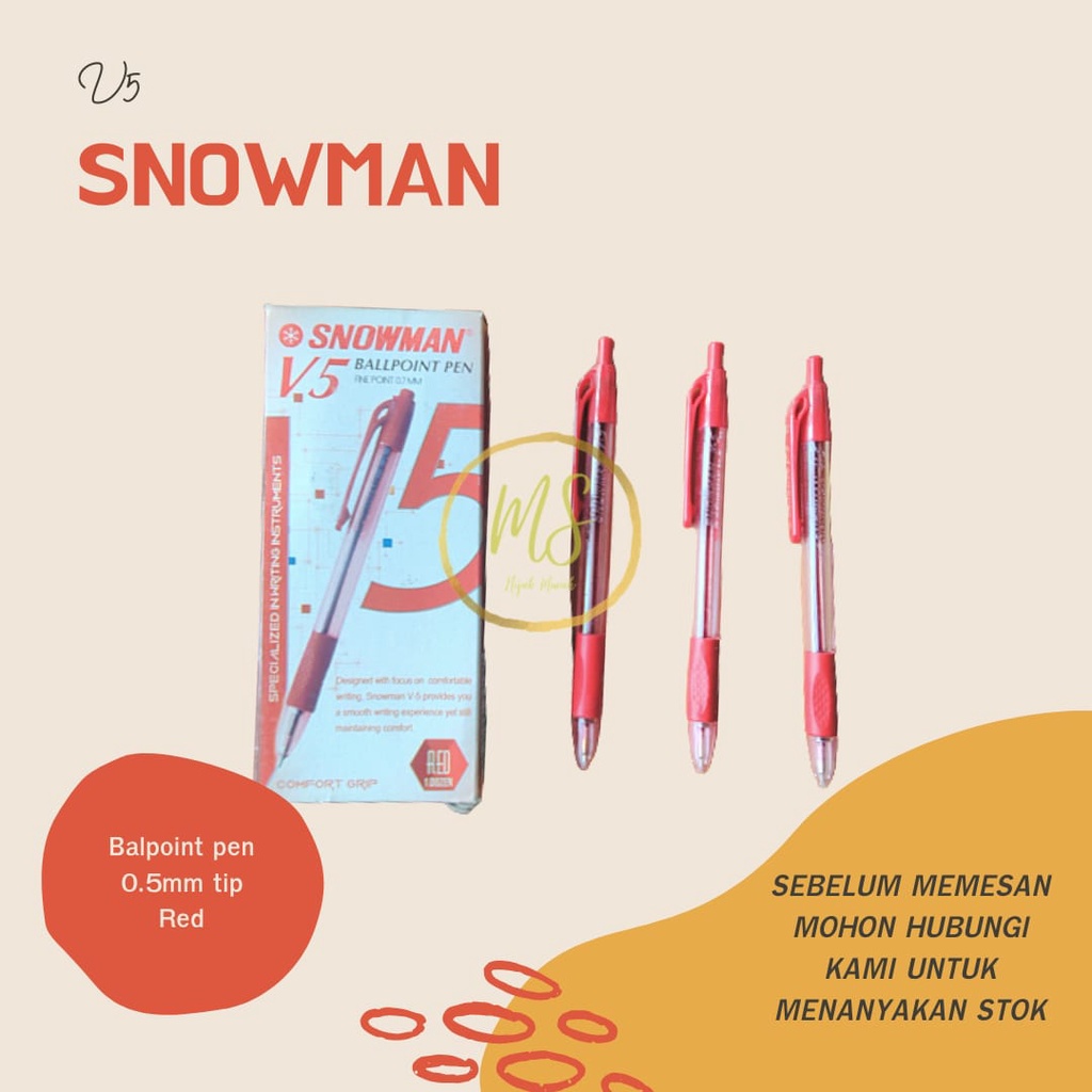 

Bolpoint Pulpen Pena Merah PEN SNOWMAN V-5 0.5MM TIP RED