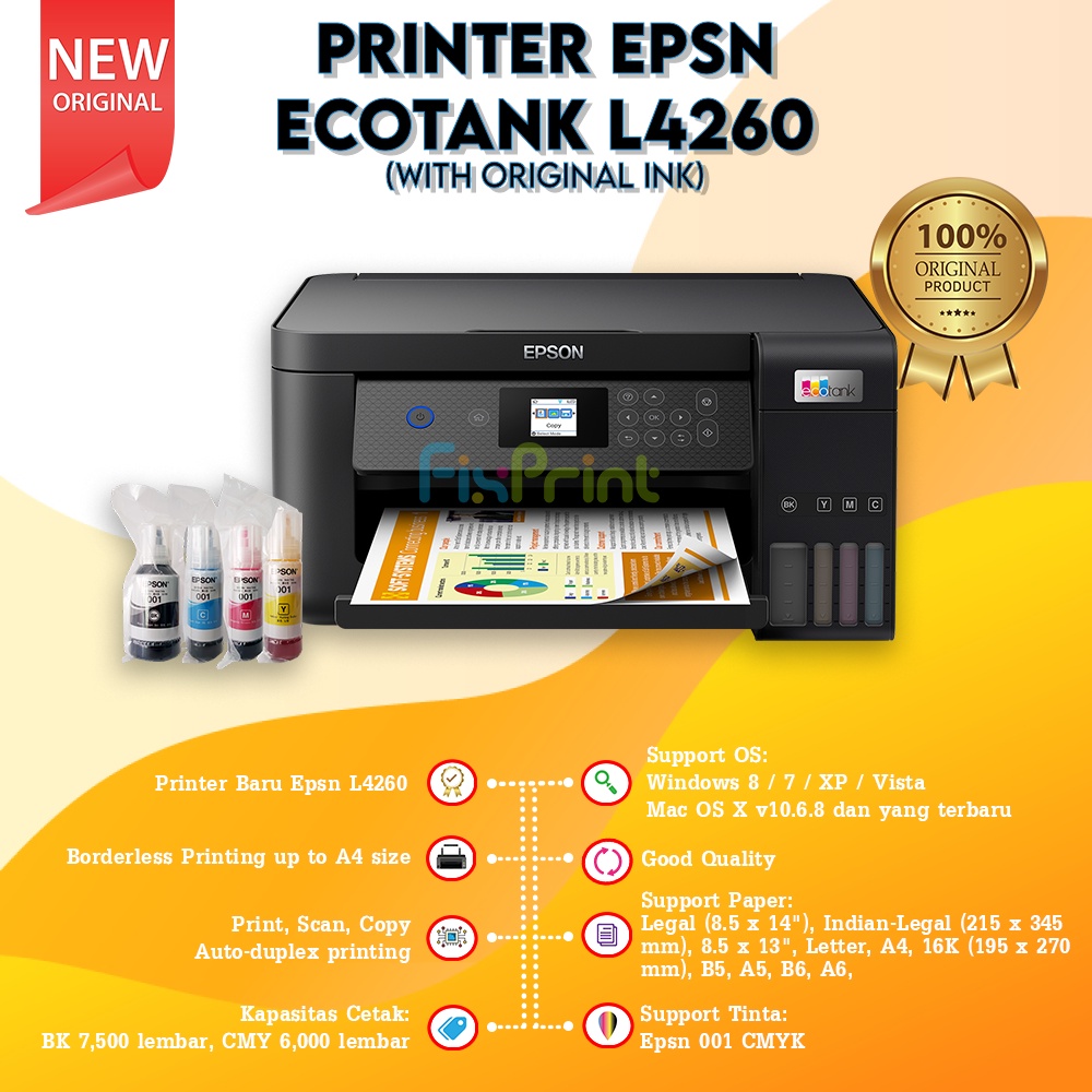 Epsn L4260 WiFi Duplex All In One Ink Tank Printer Tinta 001 New